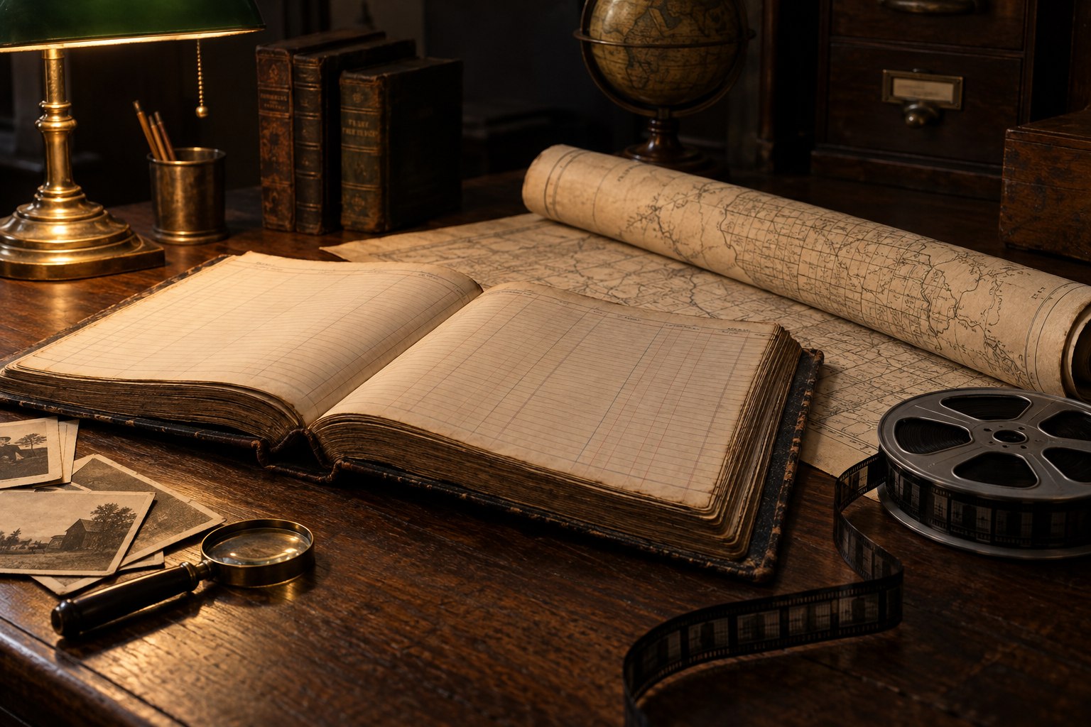 Ledger and map on a warmly lit archival research desk